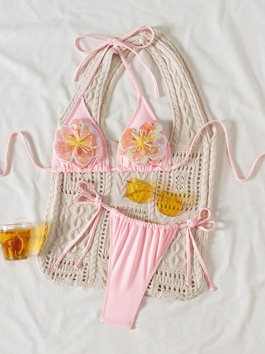 Traje de baño de bikini de nailon con cuello halter y decoración floral sexy para mujer