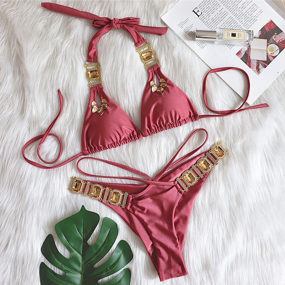Bikini sexy con cadena de diamantes de imitación para mujer