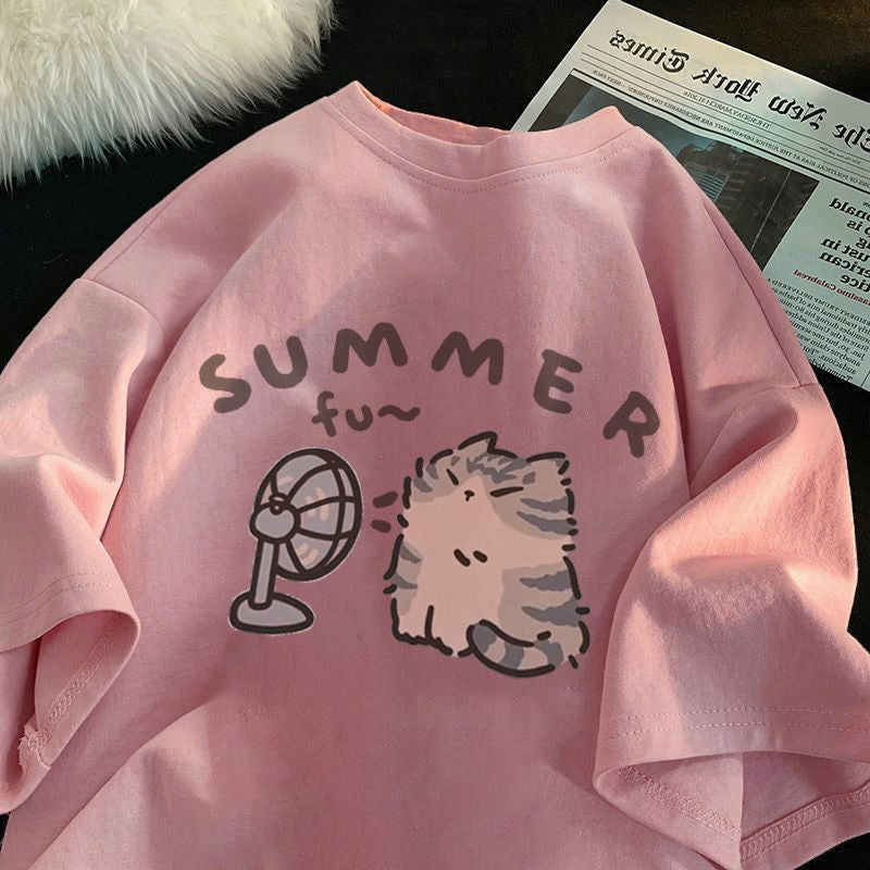 Camiseta informal de manga corta con estampado de dibujos animados para mujer