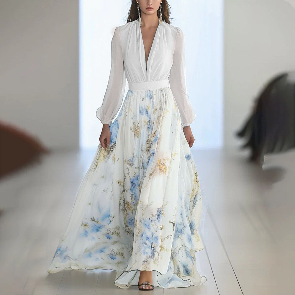 Women Fashion Elegant Printed V-Neck Long Sleeve Dress in Polyester