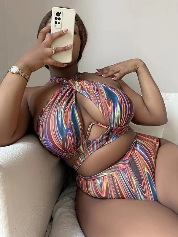 Women Summer Vacation Sexy Plus Size Tie Dye Swimsuit