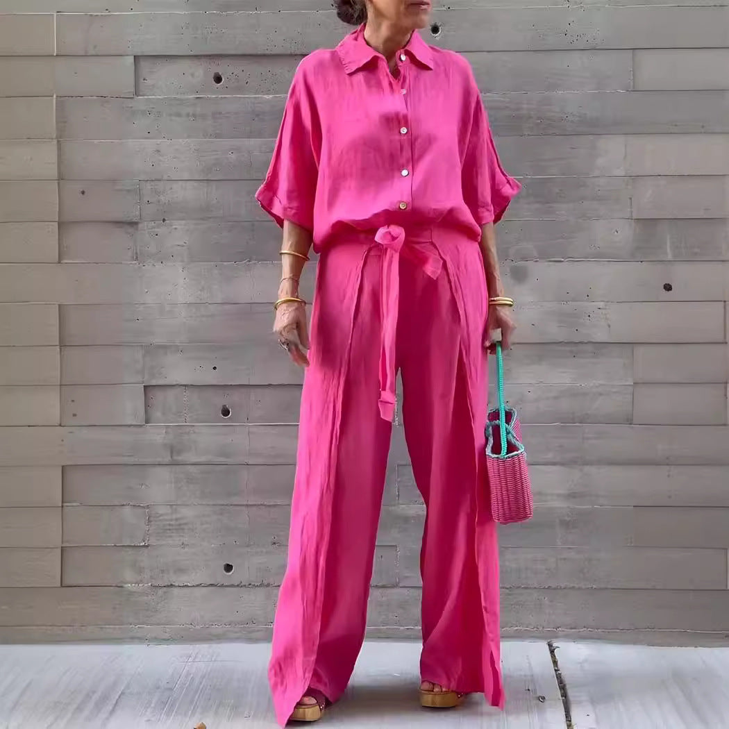 Women Fashion Casual Cotton Linen Laple Top Pants Set