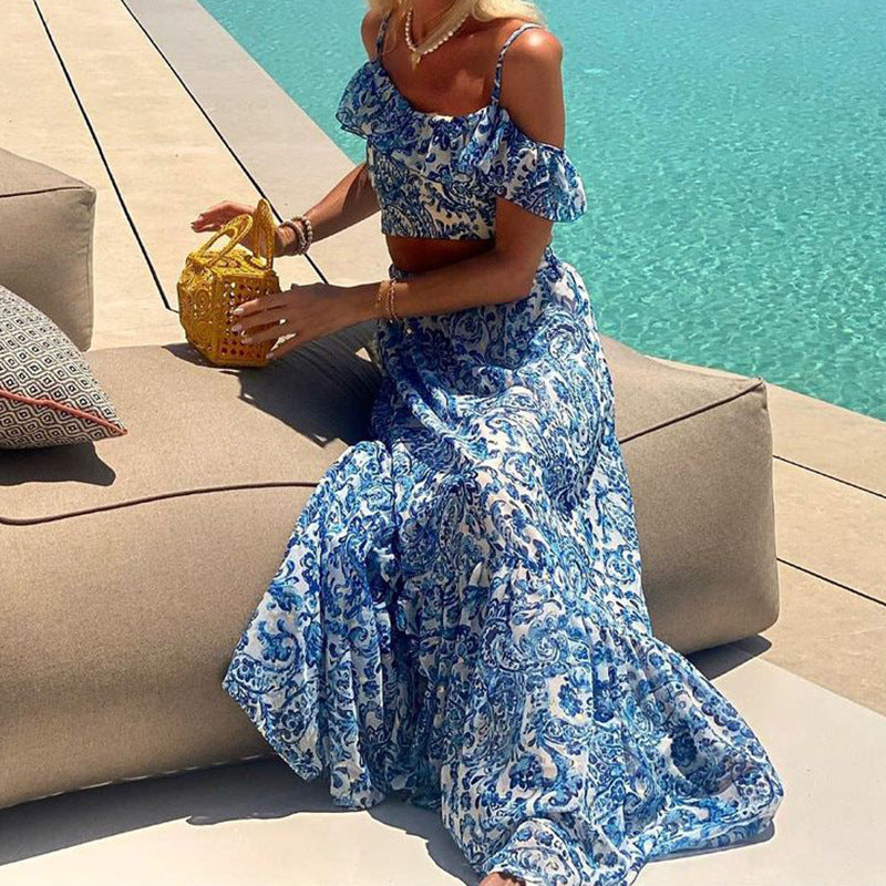 Boho Vacation Summer Women's Paisley Crop Top Skirt Set
