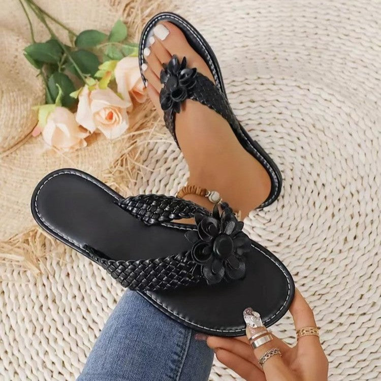 Chaussons plats tissés à fleurs de couleur unie pour femmes