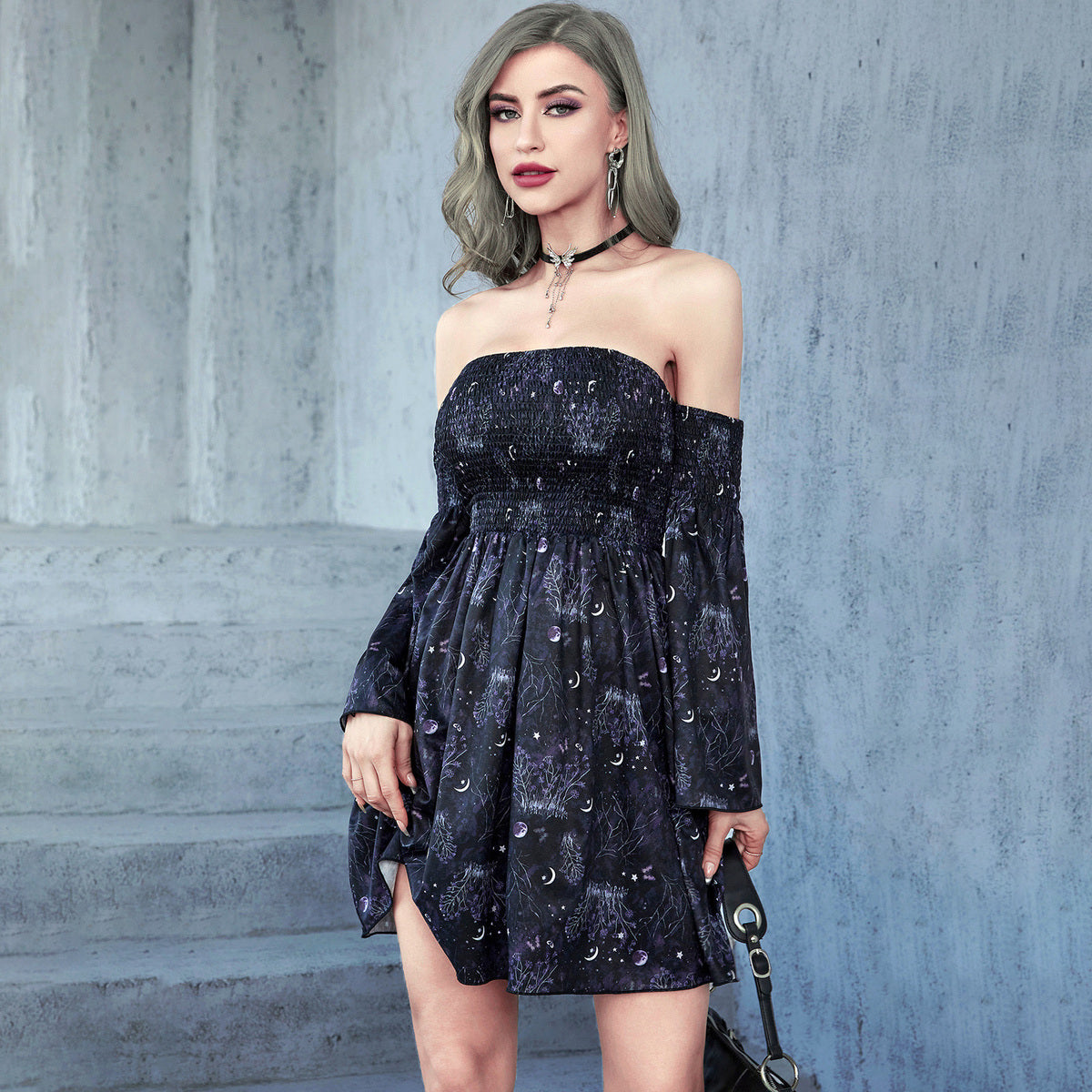 Robe sexy à épaules dénudées et imprimé gothique pour femme