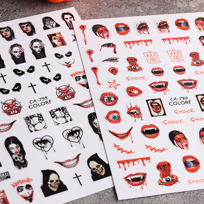 Autocollants adhésifs pour ongles Motif tête de mort et sorcière rouge pour Halloween