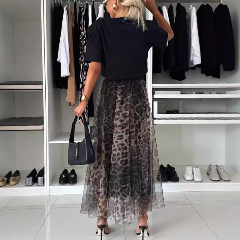 Falda de gasa con estampado de leopardo y malla de moda para mujer
