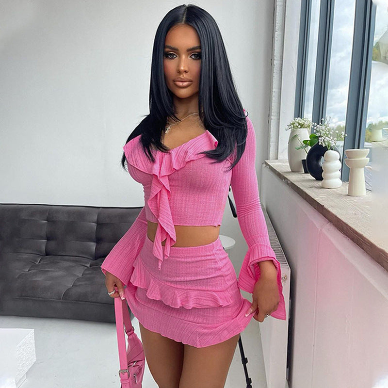 Conjunto de dos piezas de top y falda de manga larga con volantes sexy de verano para mujer
