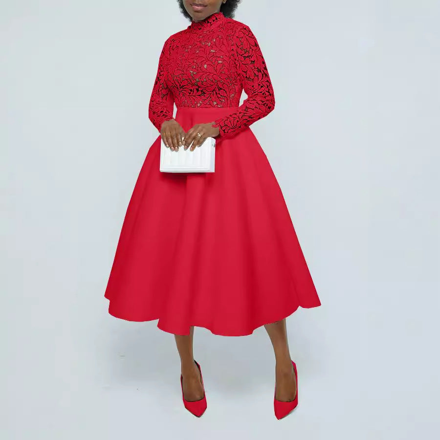 Women Fashion Solid Color Lace Petal Dress