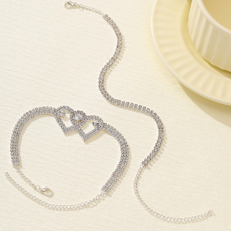Women Fashion Double-Layer Love Rhinestone Anklet