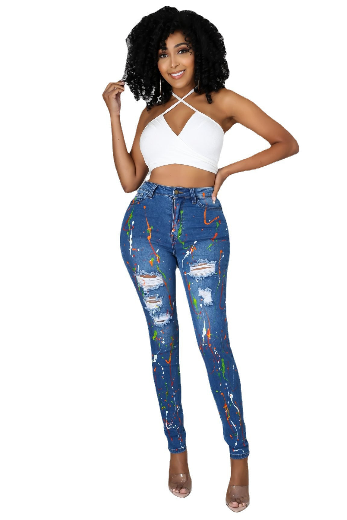 Vaqueros de algodón rasgados con estampado multicolor informal para mujer