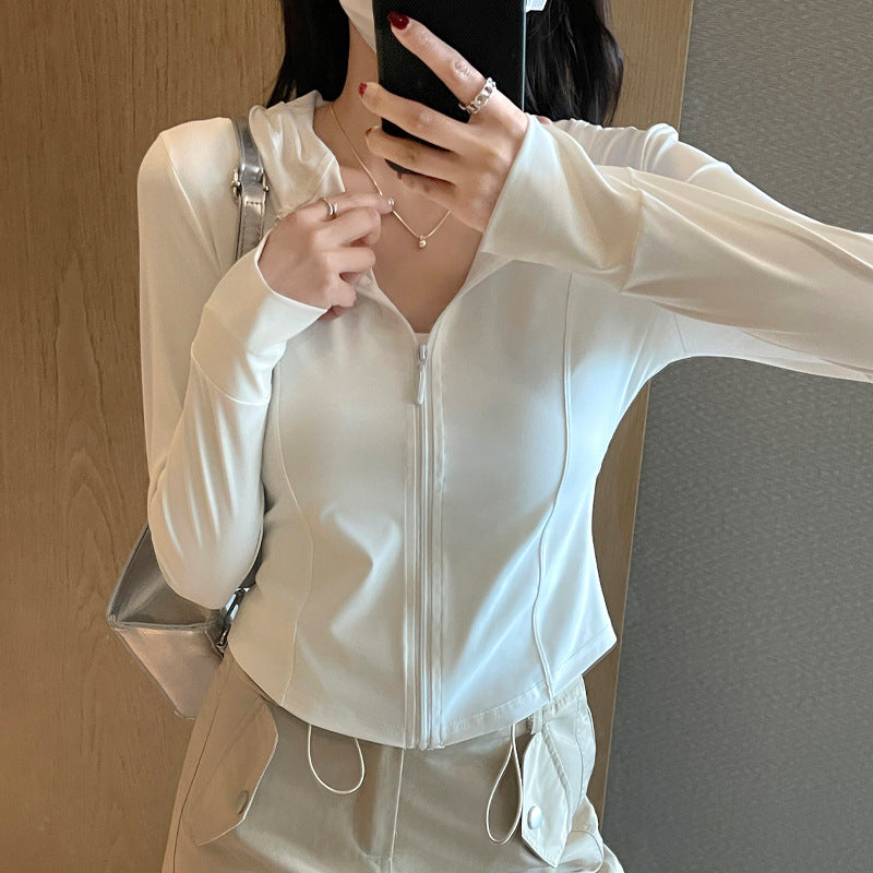 Chaqueta con capucha y cremallera de poliéster de color sólido informal para mujer