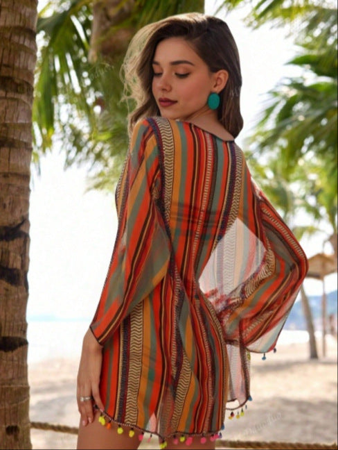 Women Fashion Sexy Multicolour Stripes Bikini Cover-Ups Set