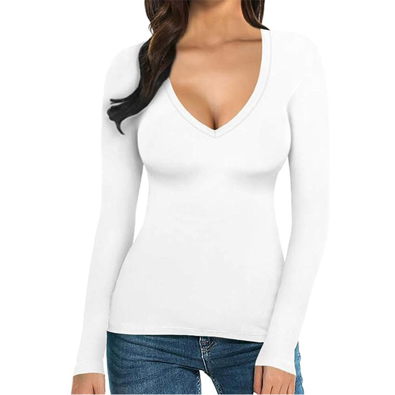 Women Casual Long-Sleeve V-Neck Polyester T-Shirt