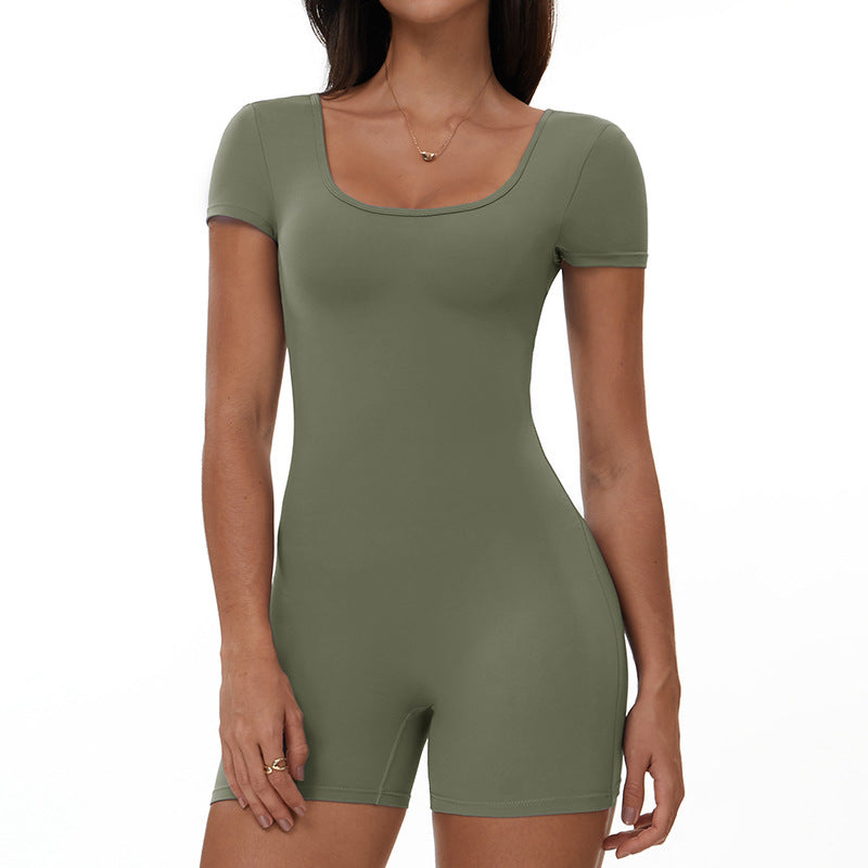Women Solid Color Short-Sleeve Backless Yoga Rompers - Stylish and Comfortable Activewear