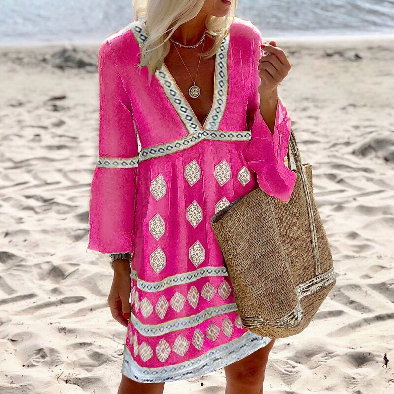 Vestido holgado bohemio elegante de manga larga con cuello en V para mujer