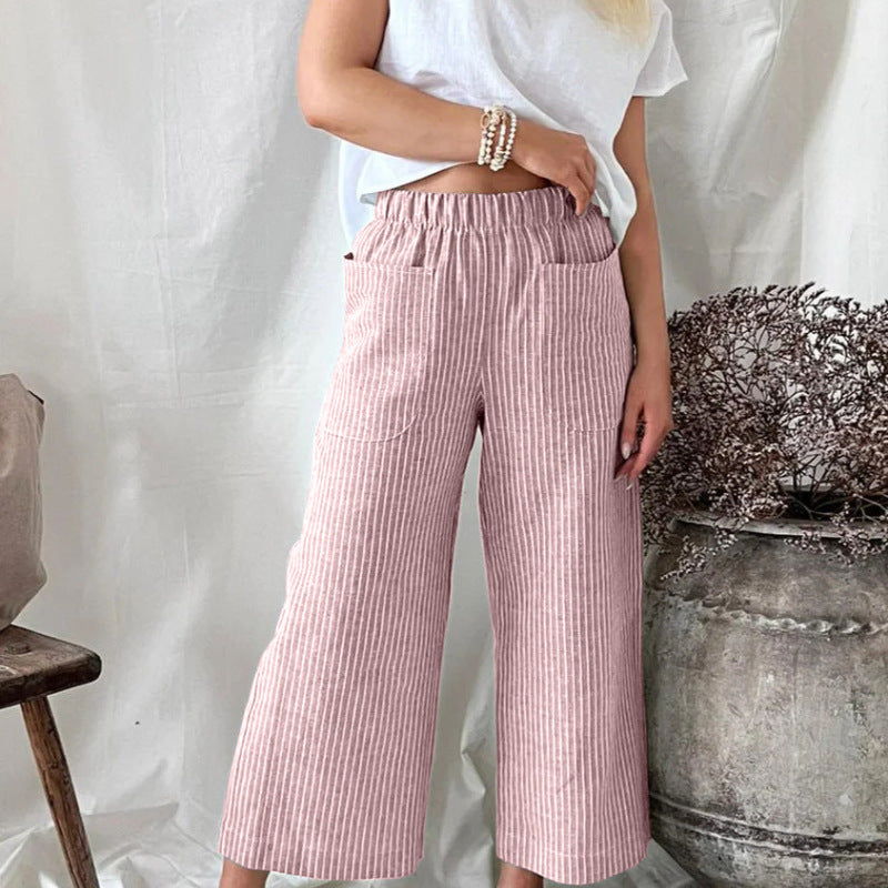 Pantalones casuales de lino y algodón a rayas de pierna ancha para mujer