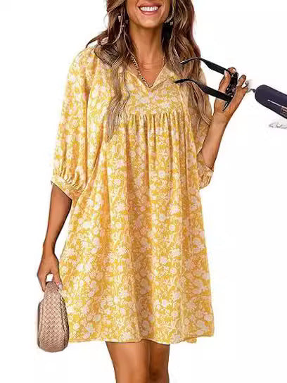 Women Fashion Casual Boho Floral Printed V-Neck Lantern Sleeve Dress