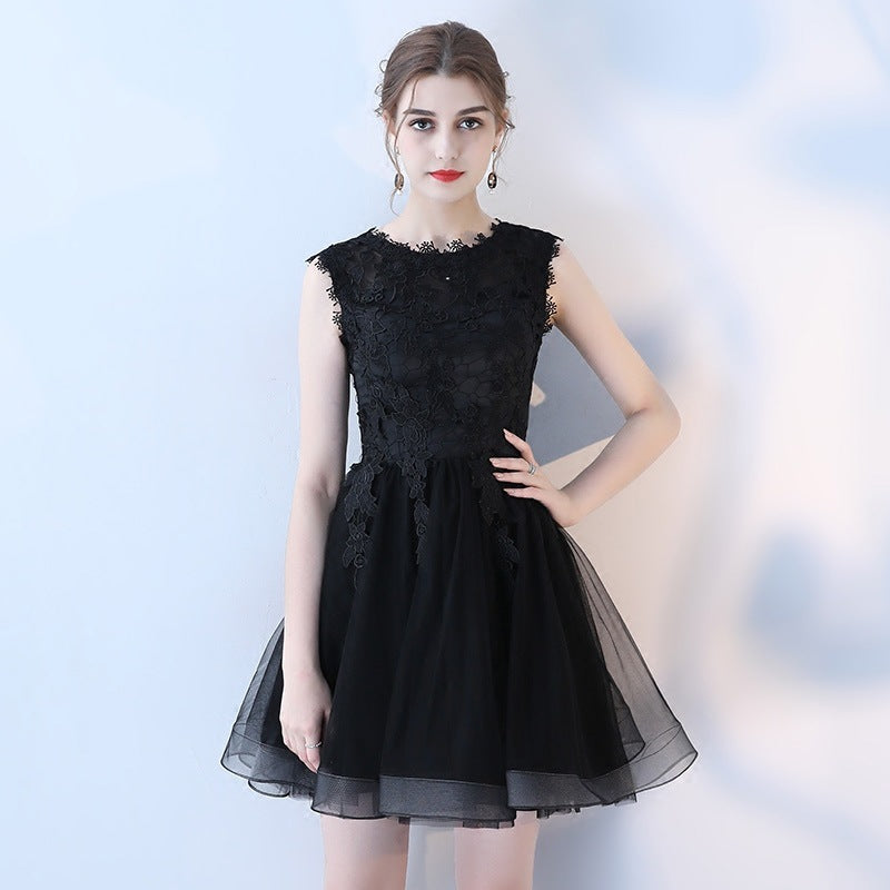 Women Banquet Evening Dress Short Lace Mesh Princess Black Party Cocktail Dress
