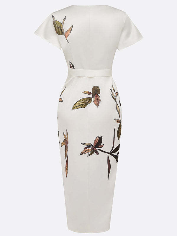 Robe décontractée en satin imprimé à manches courtes et col en V pour femme