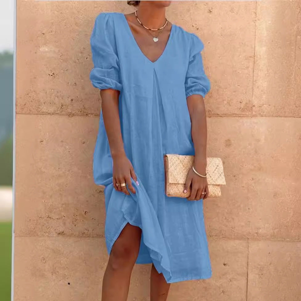 Women Casual Long Sleeve Cotton Linen Dress