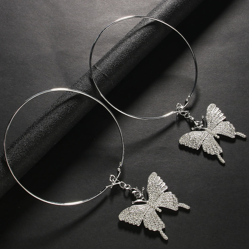Boucles d'oreilles créoles papillon en strass à la mode exagérée