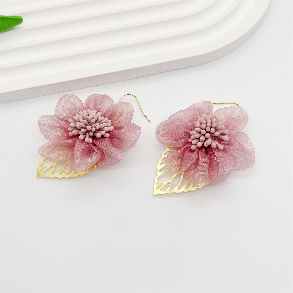 Women Fashion Mesh Chiffon Leaves Floral Earrings