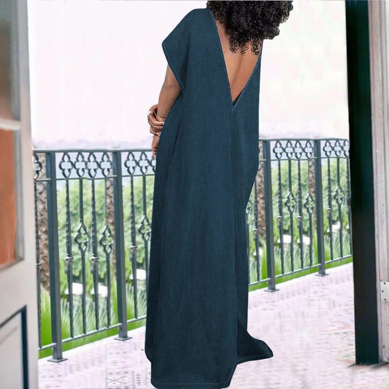 Vestido vaquero informal, sencillo, de talla grande, sin mangas y sin espalda para mujer