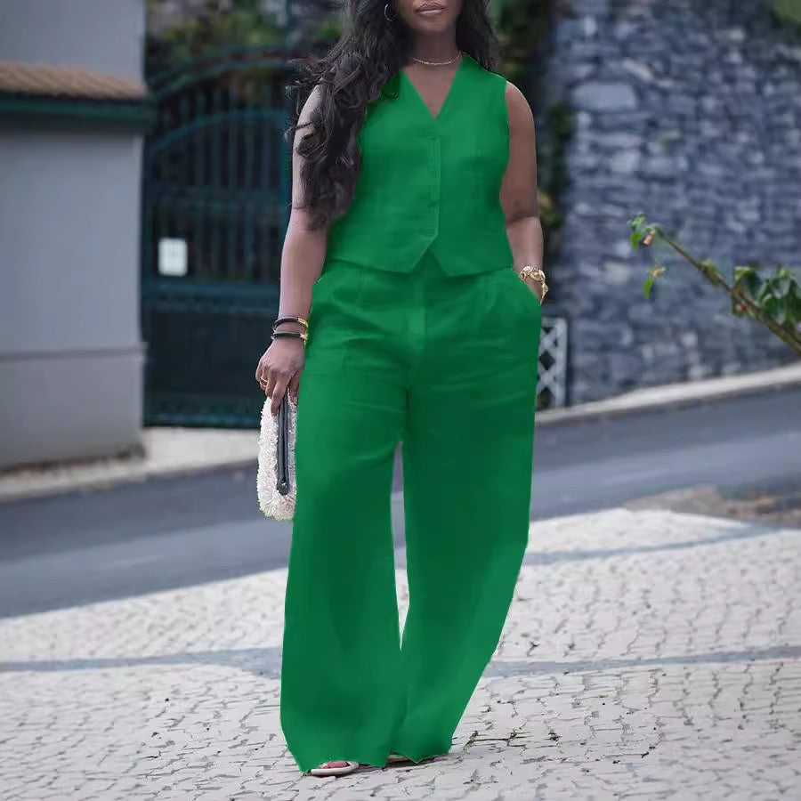 Ensemble débardeur et pantalon décontractés à col en V pour femmes, couleur unie