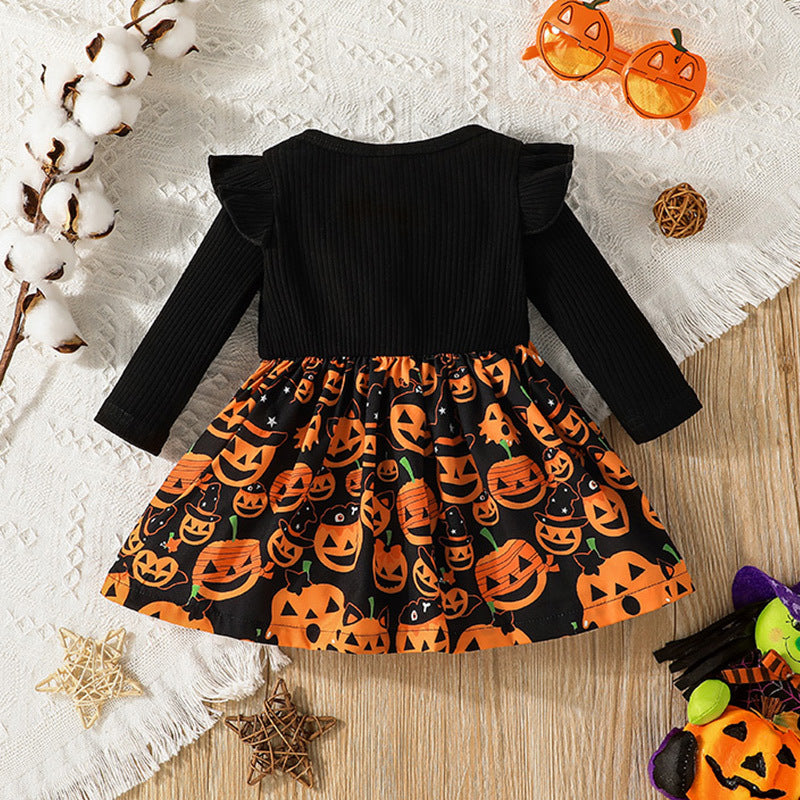 Vestido de calabaza de algodón de manga larga para niñas pequeñas