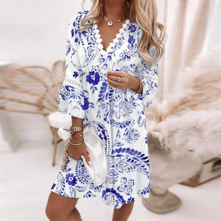 Vestido elegante de primavera bohemio para mujer, de manga larga, cuello en V y encaje con volantes