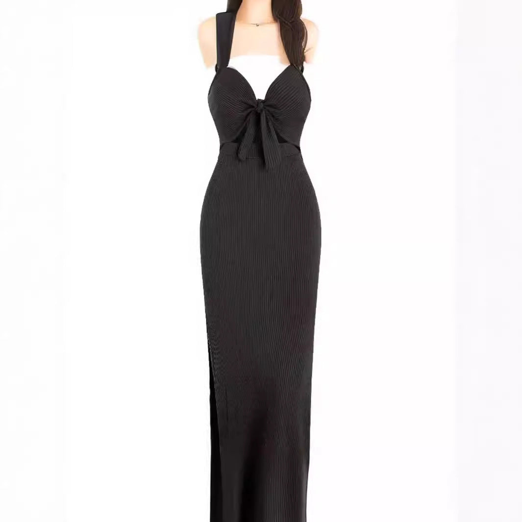 Women Elegant Sleeveless Slim-Fit Solid Color Dress - V-Neck Backless Style