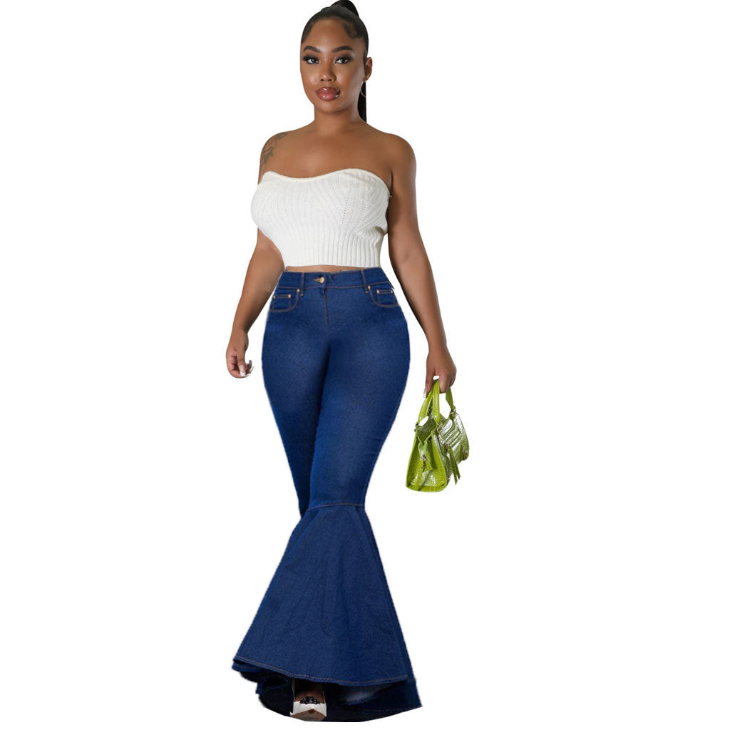 Women Fashion Stretch Flared Jeans in Blue Denim