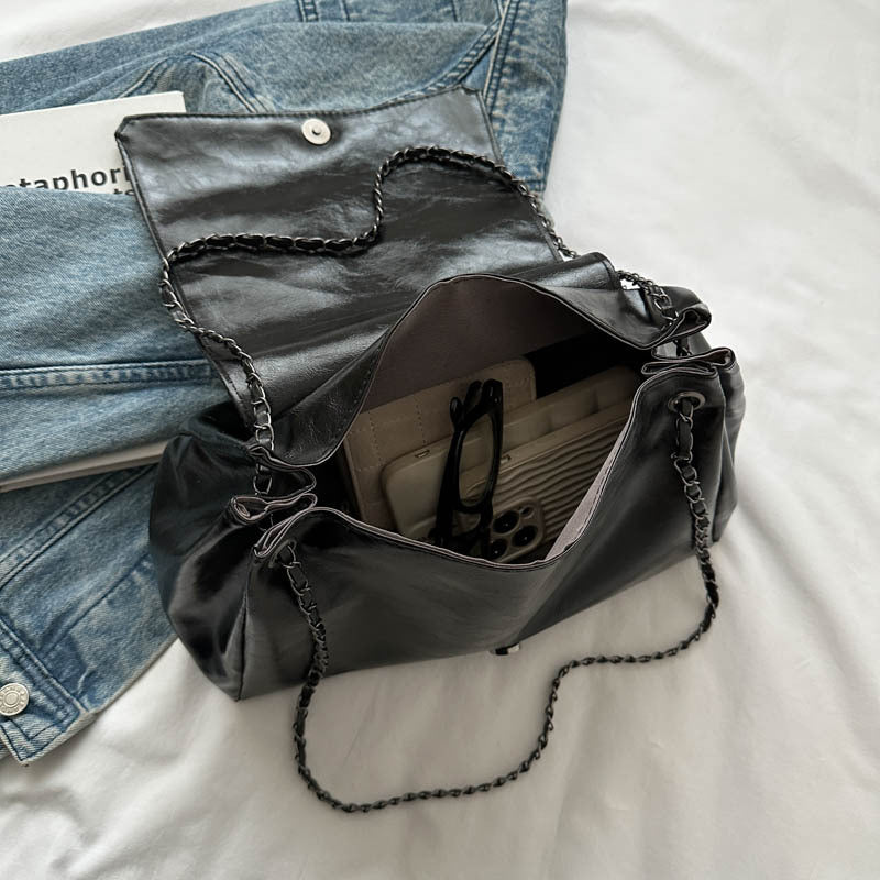 Bolso de mano con cadena de cuero sintético sencillo e informal para mujer
