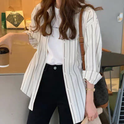 Blusa informal de manga larga con solapa y rayas verticales para mujer