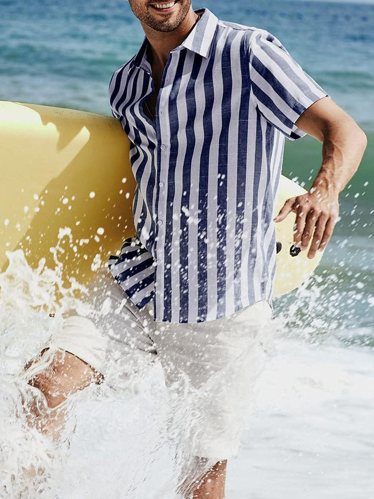 Men'S Casual Stripe Lapel Short Sleeve Shirt