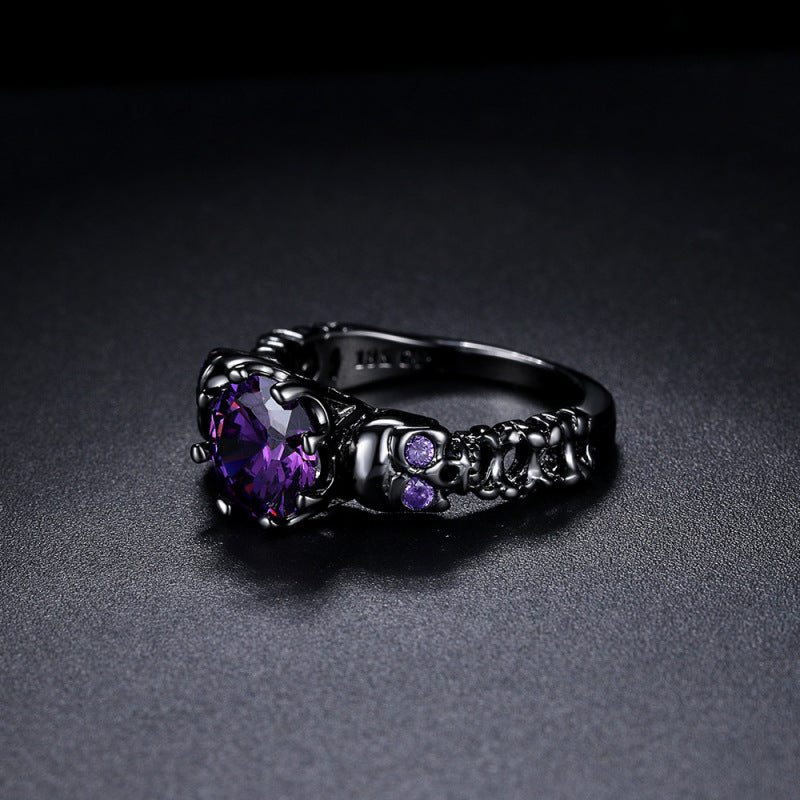 Anillo unisex de calavera de cobre con circonita morada para Halloween