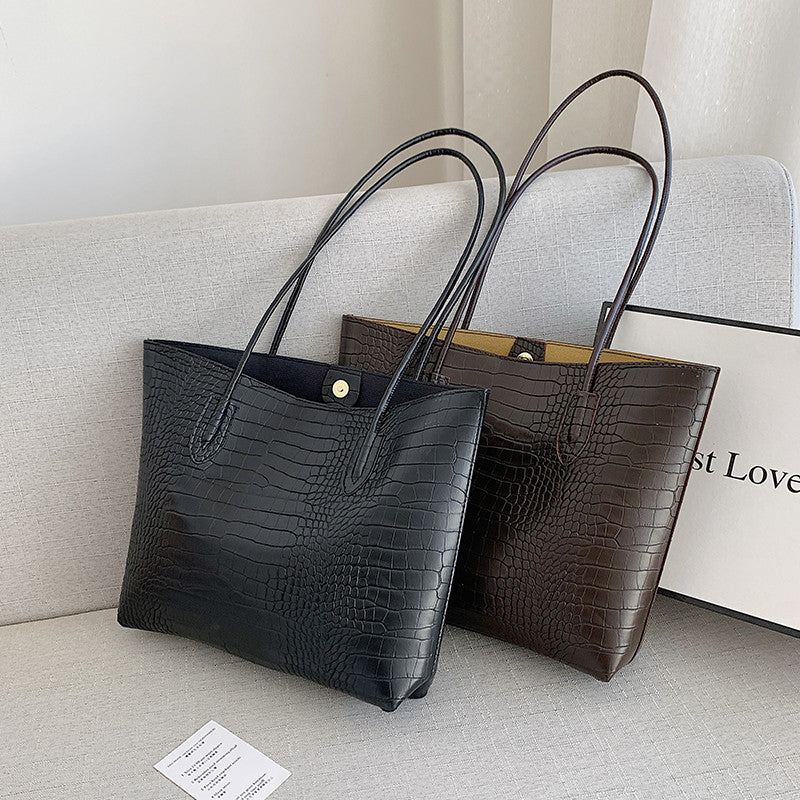 Simple Solid Color Crocodile Print Large Capacity Tote Bag