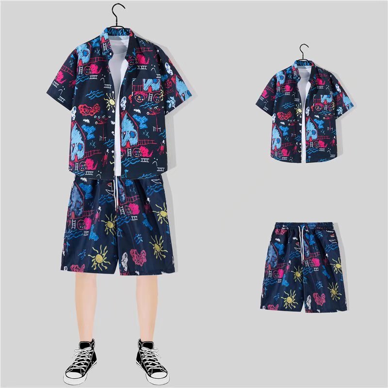 Men's Casual Vacation Tiny Flower Print Shirt Set