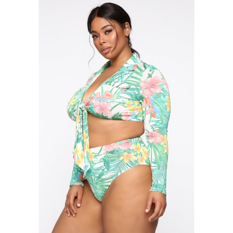 Bikini de manga larga con solapa y estampado sexy a la moda para mujer