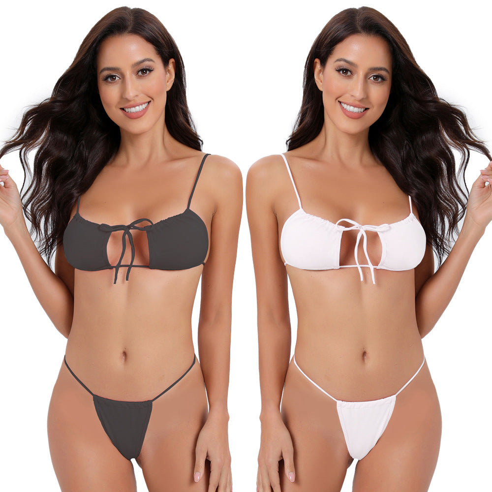 Bikini sexy de color sólido con cordón para mujer hecho de tela de fibra de leche