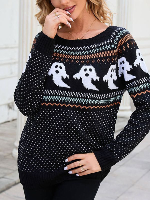 Pull tricoté fantôme de dessin animé pour femme Halloween