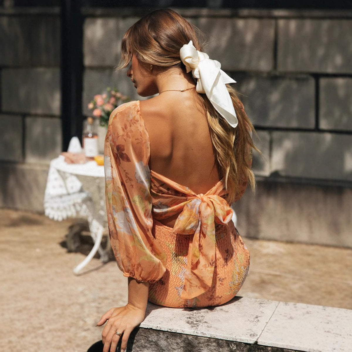 Summer Floral Printed Lantern Sleeves Dress in Chiffon