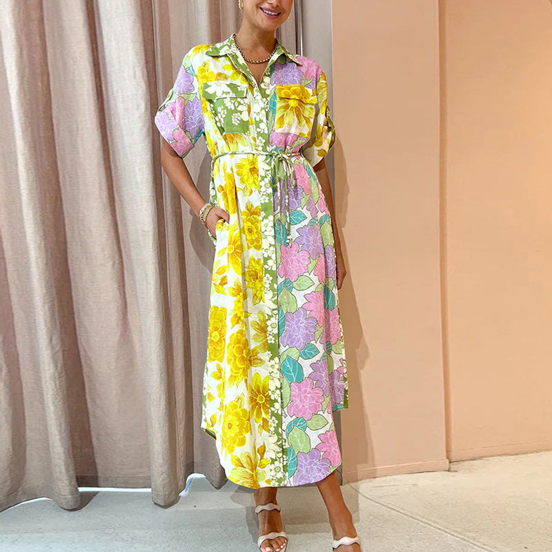 Robe longue à fleurs et poches à lacets pour femme