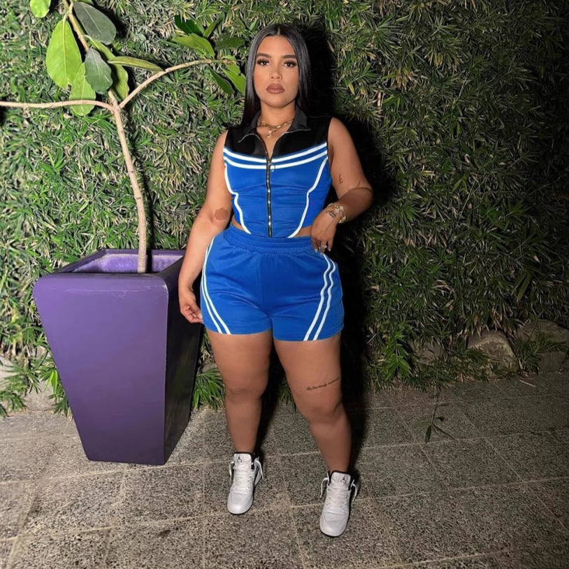 Conjunto de dos piezas de top y pantalones cortos sin mangas con costuras de rayas informales para mujer