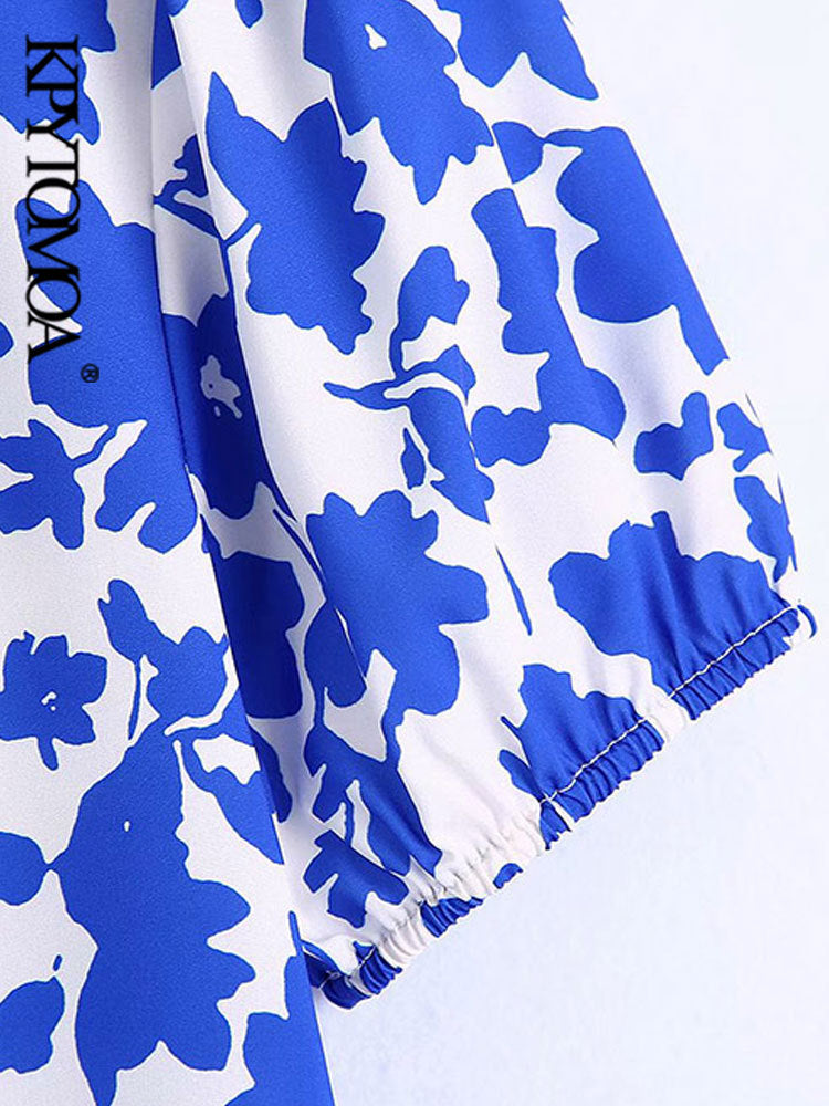 Women Fashion Bohemian Floral Print Vintage V Neck Short Sleeves Ruffled Midi Dress