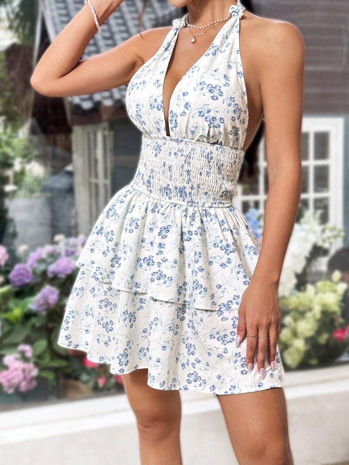 Women Fashion Floral Print V-Neck Mini Dress