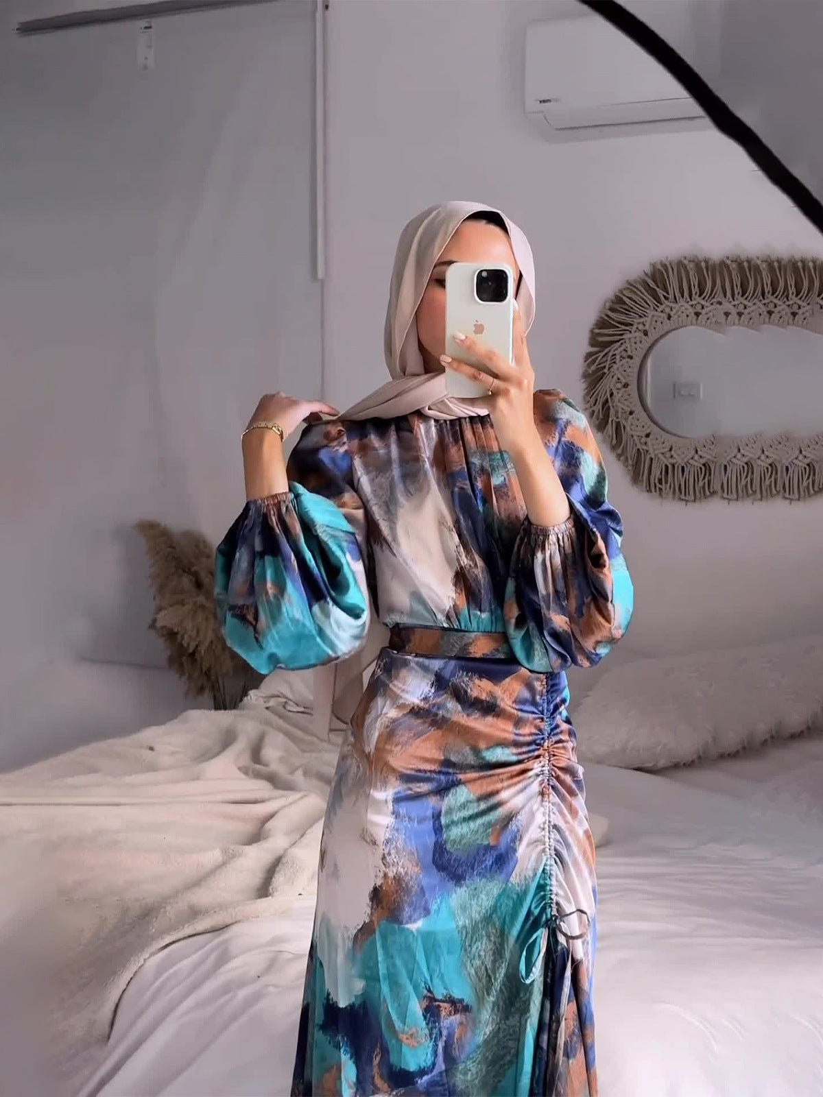Women Fashion Tie-Dye Pleated Long Sleeve Dress