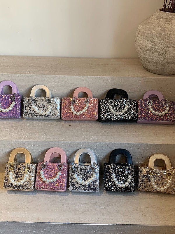 Mini bolso bandolera de verano con lentejuelas brillantes y correa de perlas