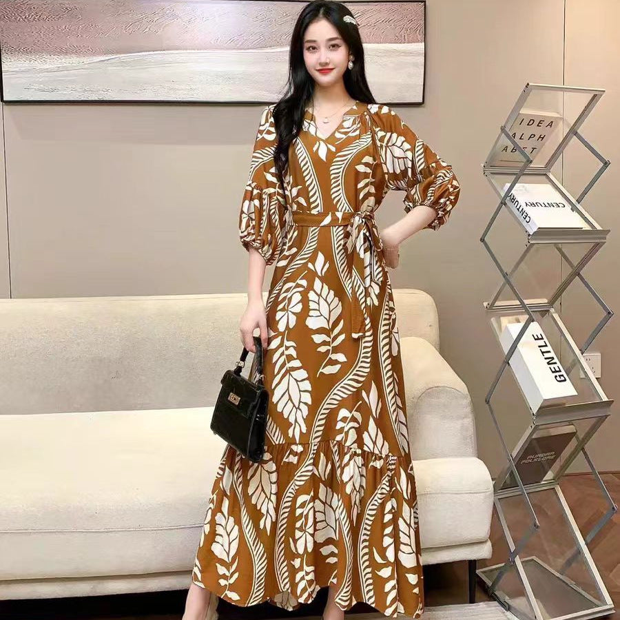 Vestido informal de gasa con cuello en V y estampado para mujer